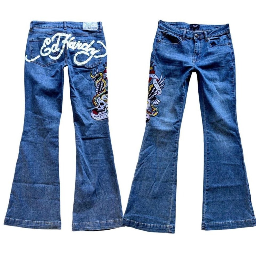 Y2K ED HARDY LOGO EMBROIDERED FLARE JEANS‎ SZ. 28"